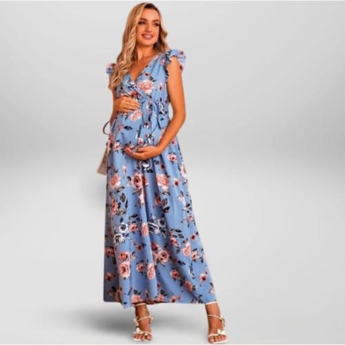 Blue Floral Print Belted Maxi Dress / Maternity Dress