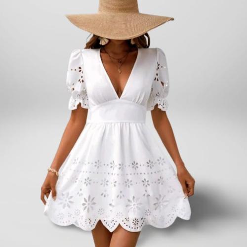 White Floral Laser Cut A-Line Puff Sleeve Dress