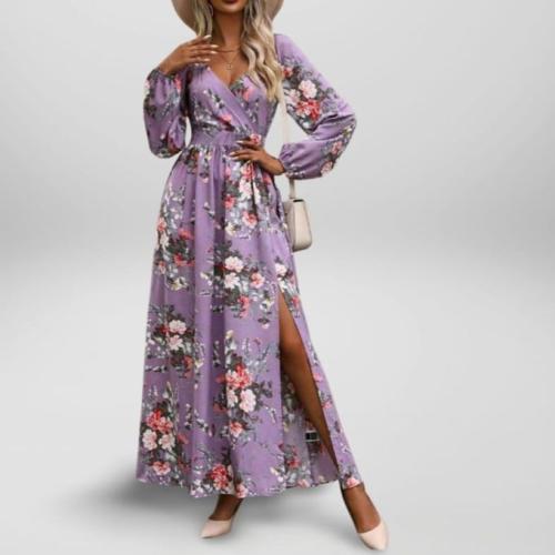 Mauve Floral Print Cold Shoulder Maxi Dress