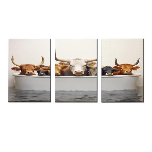 Canvas-Art-3 Pieces Soft Colours Cows In A Bathtub Animals Wall Art
