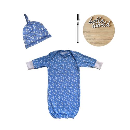 New Born Sleeping Bag, Hat and Birth Announcement-Hello World-Blue Flowers