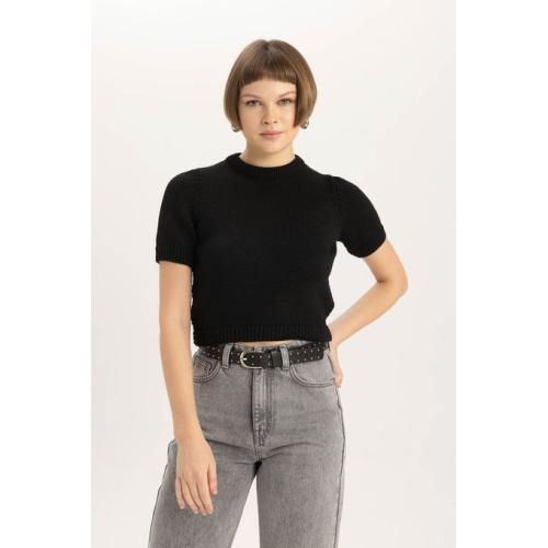 Woman Fitted Crew Neck Short Sleeve Tricot Pullover Black