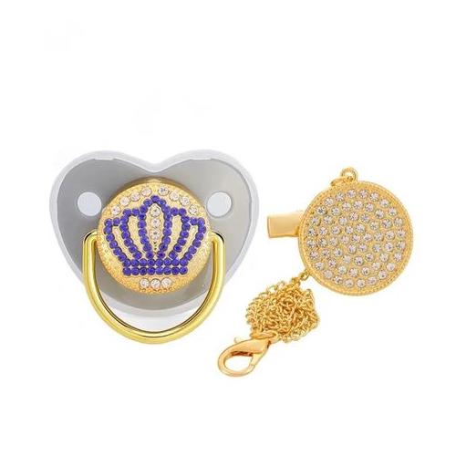 Bling Baby Pacifier - Blue Crown with Gold Chain & Clip (Transparent)