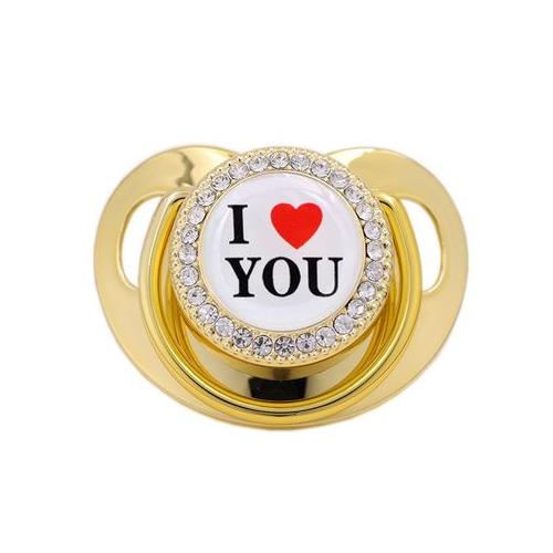 Bling Baby Pacifier with Gold Chain & Matching Clip - I (Heart) You (Gold)