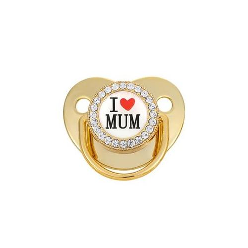 Bling Baby Pacifier with Gold Chain & Rhinestone Clip - I (Heart) MUM -Gold