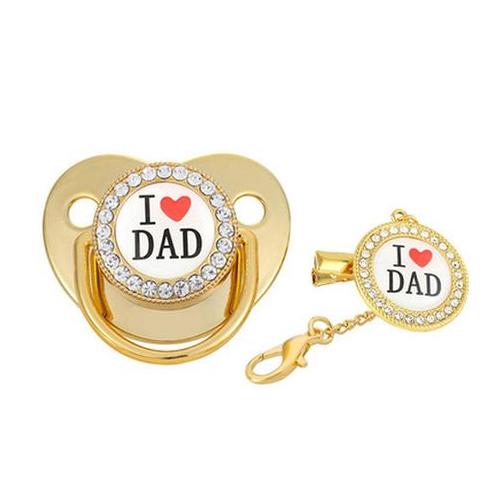 Bling Baby Pacifier with Gold Chain & Matching Clip - I (Heart) DAD (Gold)