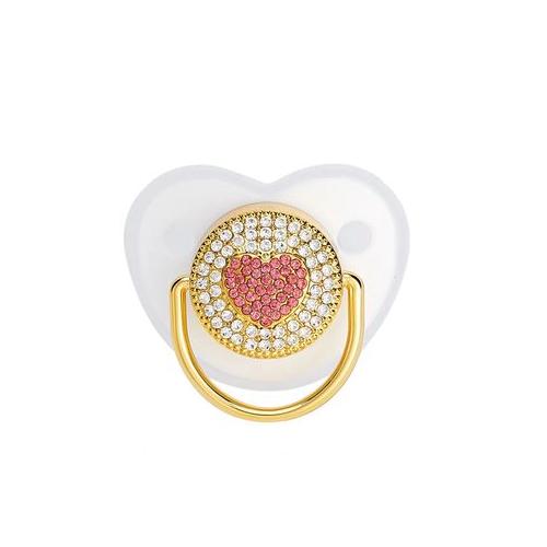 Bling Baby Pacifier - Pink Heart with Gold Chain & Clip (Transparent)