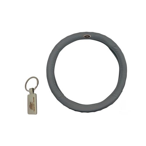 Grey Genuine Leather Steering Wheel Cover With TIT Keychain