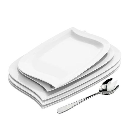 26cm Modern Leaf Wedding Elegant White Porcelain Dinner Plate & Meat Fork - 7 Piece